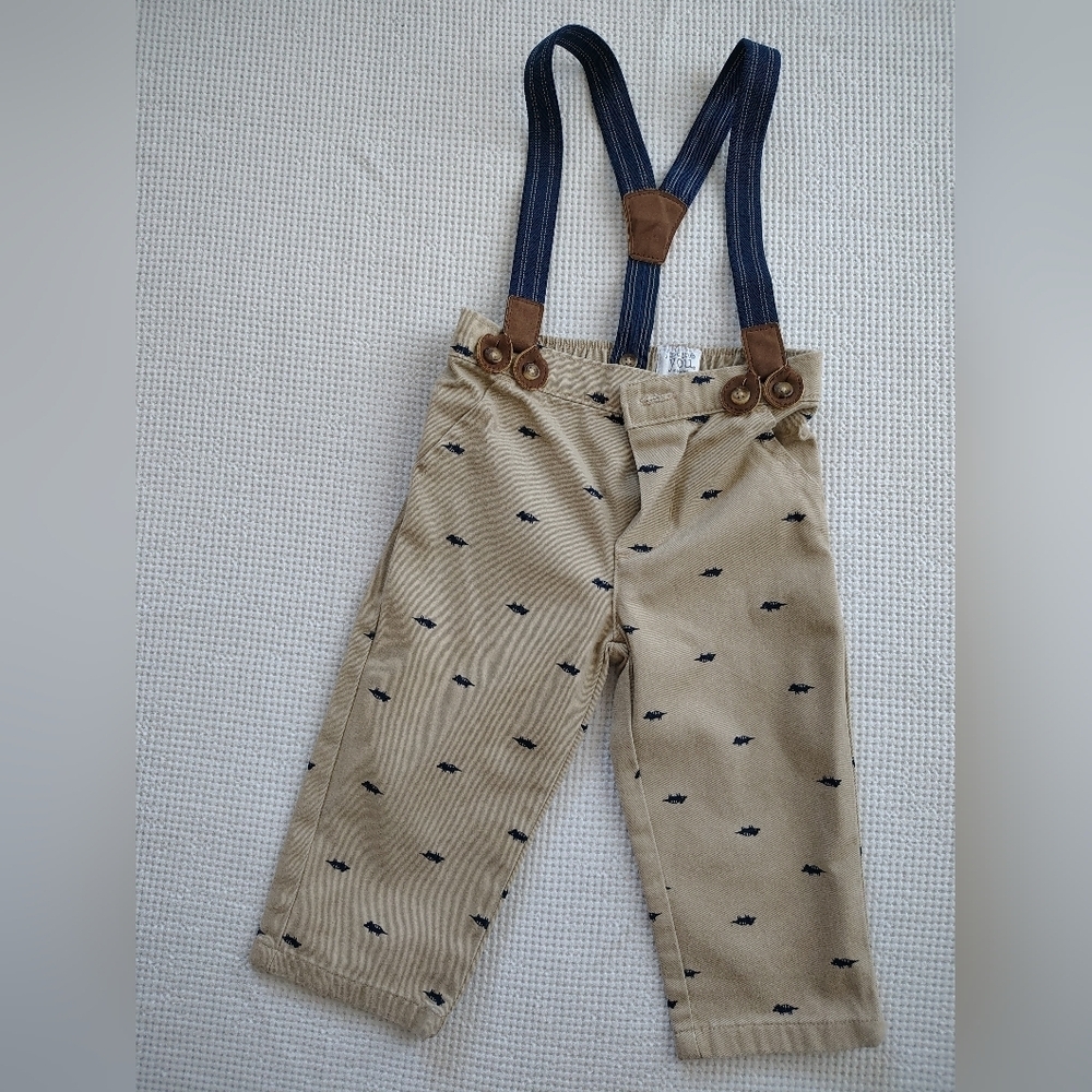 Carter's Beige Pants with Dark Blue Suspenders Size 9 Months